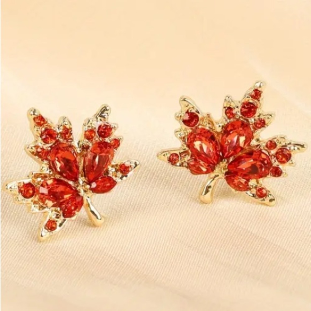 Burnt Orange Crystal Maple Leaf Leaves Gold Toned Stud Earrings - Picture 6 of 7